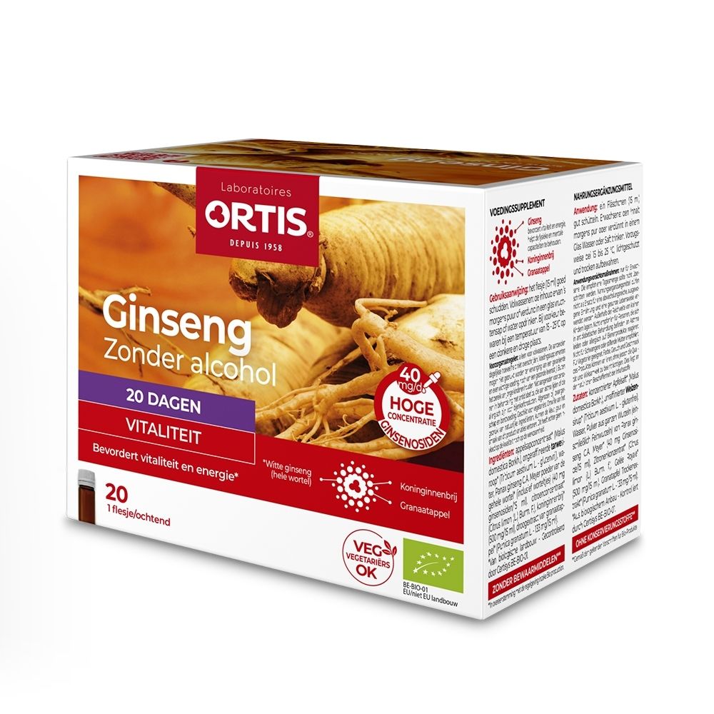 Ortis Ginseng Bio: Doos met 20 flesjes, vitaliteit, zonder alcohol.