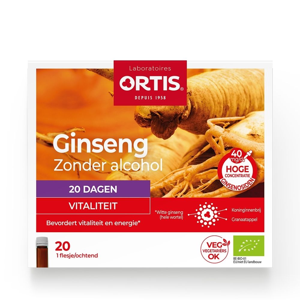 Ortis Ginseng Bio: Voorkant van de doos, 20 flesjes voor vitaliteit.