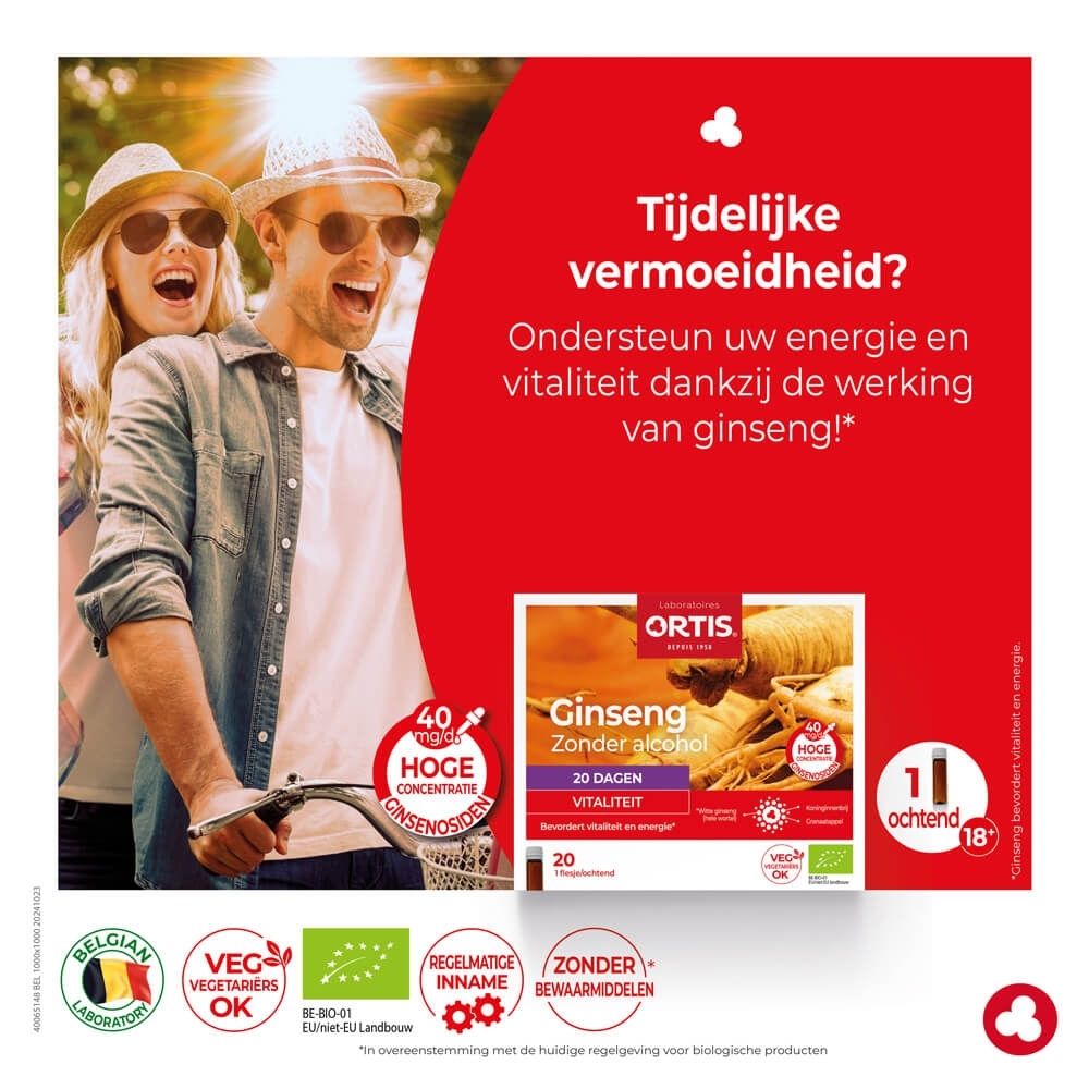 Ortis Ginseng Bio: Doos met 20 flesjes, toont ginsengwortel en granaatappel.