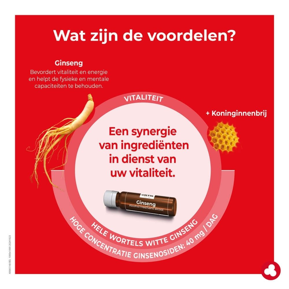 Ortis Ginseng Bio: Doos met 20 flesjes, Bio-keurmerk en vitaliteit.
