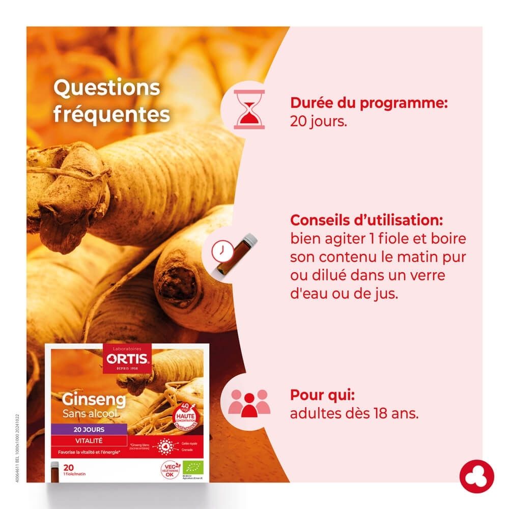 Ortis Ginseng Bio: Boîte de 20 flacons, informations détaillées.
