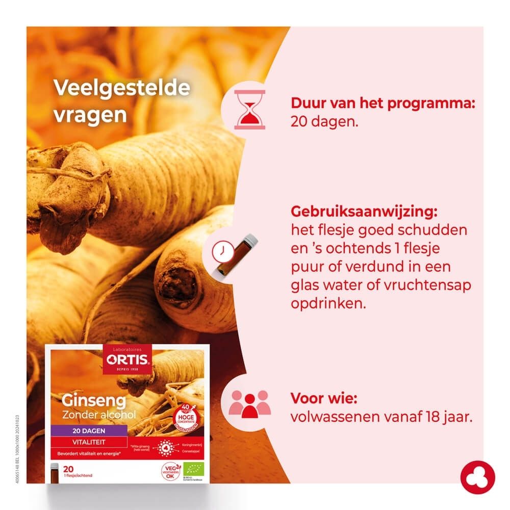Ortis Ginseng Bio: Doos met 20 flesjes, gedetailleerde informatie.