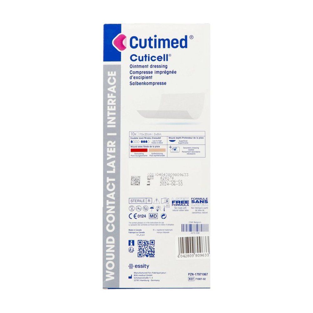 Verpakking Cutimed Cuticell. Zalfverband. Steriel. CE-markering. Essity-logo.