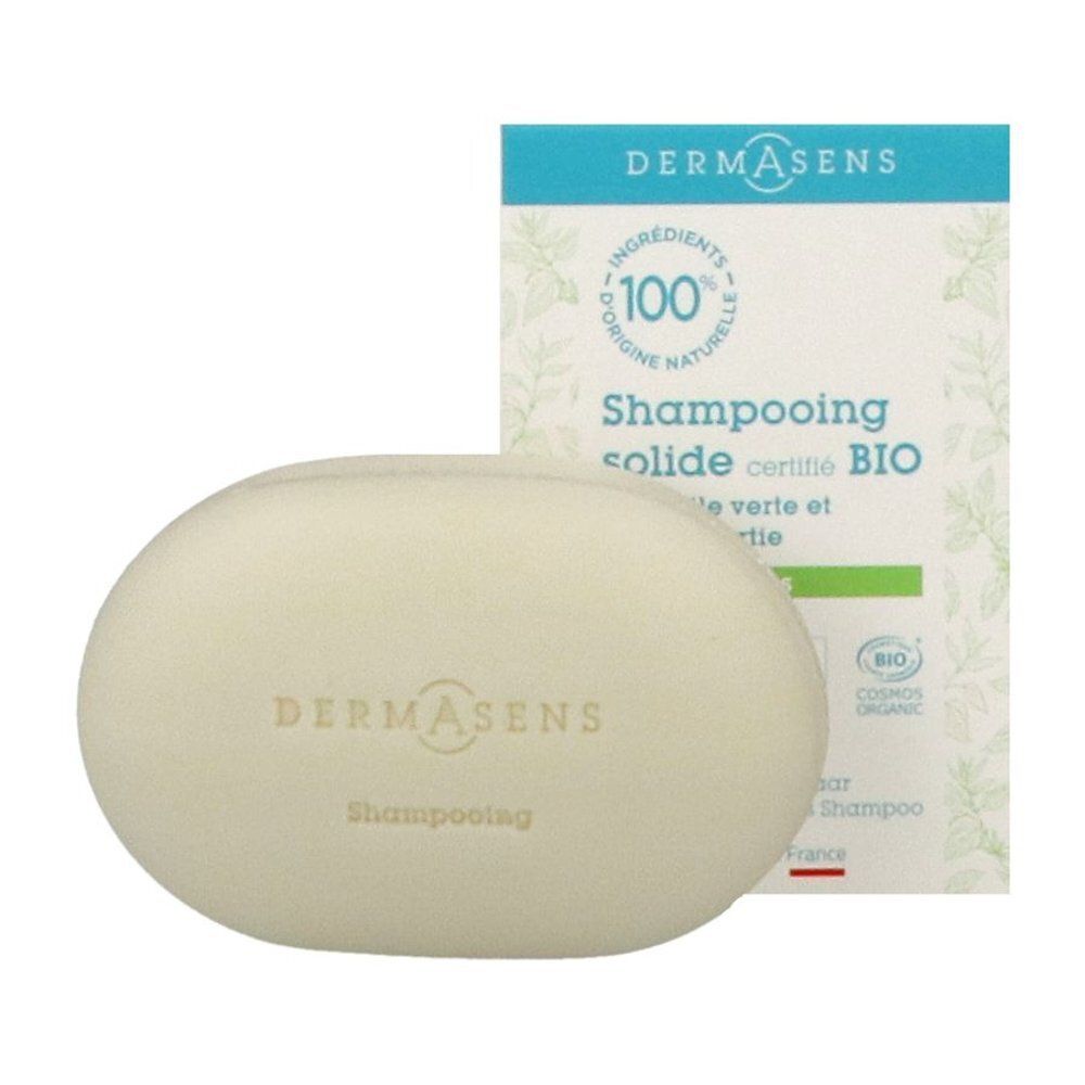 Shampooing solide ovale DermAsens et son emballage. Inscription: DermAsens, Shampooing solide certifié BIO.