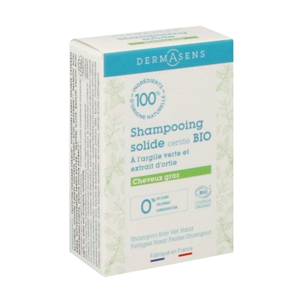Verpakking van DermAsens Shampooing solide. Opschrift: Shampooing solide certifié BIO, voor vet haar.
