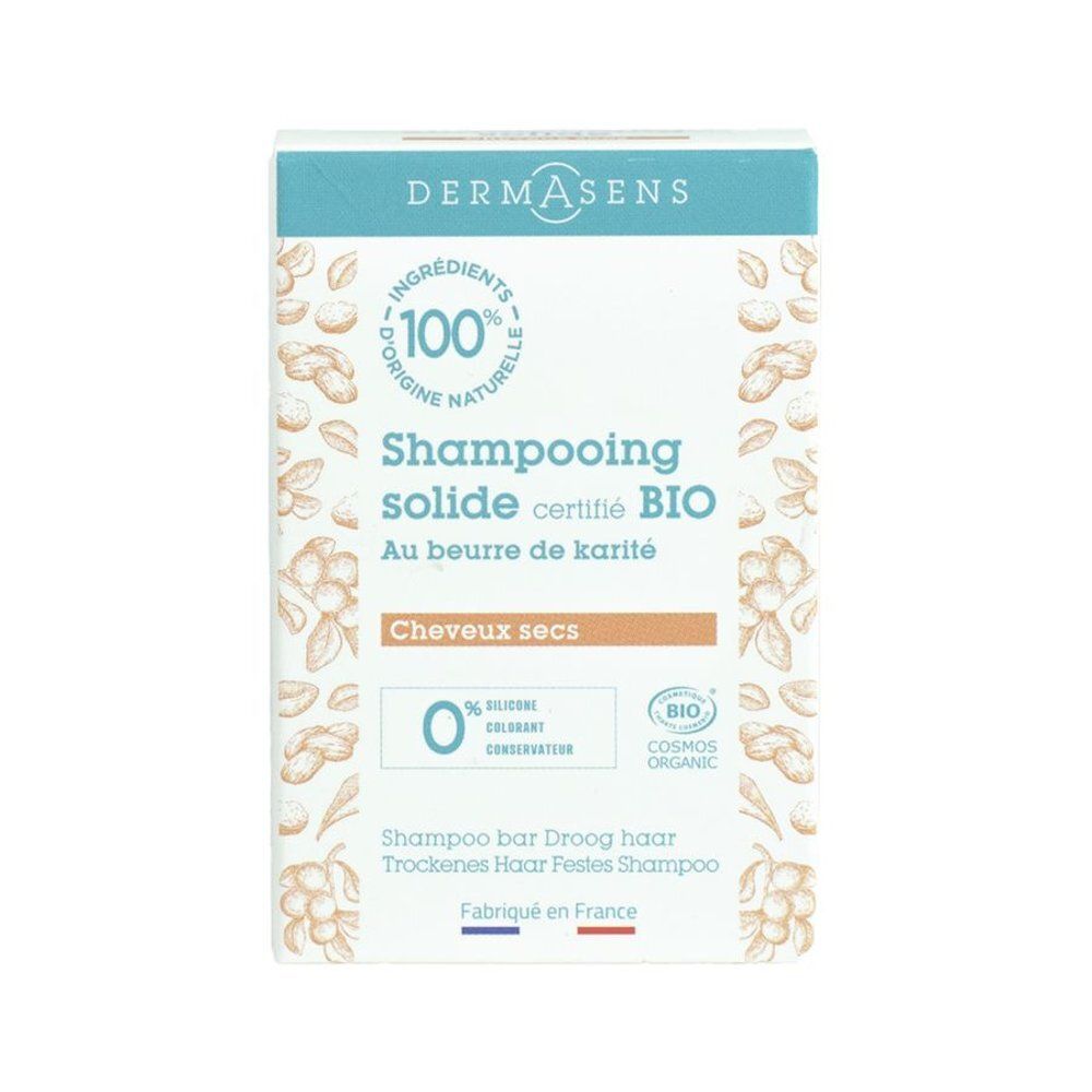 Productverpakking met logo en informatie. Gecertificeerde biologische shampoo voor droog haar. 100% natuurlijke ingrediënten.