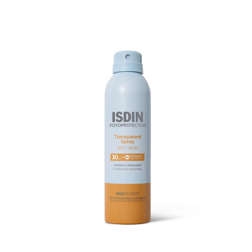ISDIN Fotoprotector Transparent Spray SPF30. Blauwe fles, oranje bodem. Tekst.