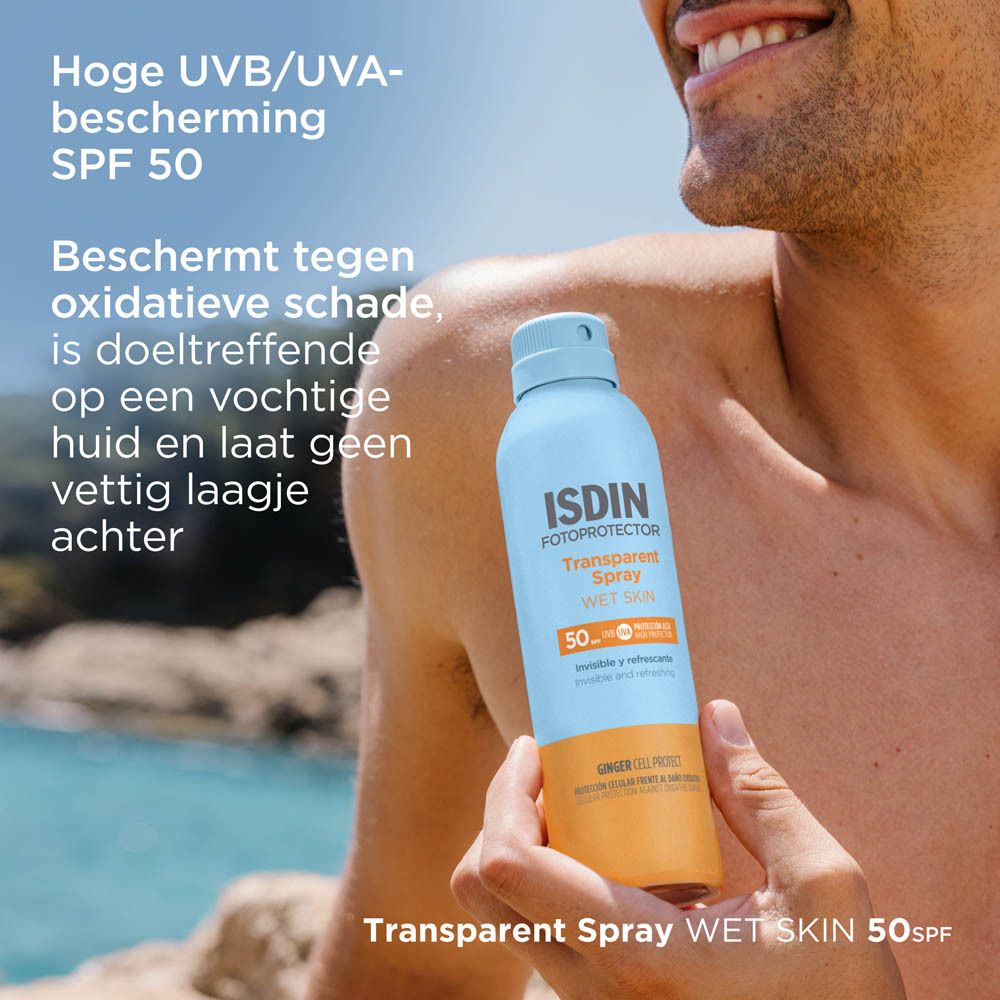 ISDIN Fotoprotector Spray. Tekst: Hoge UVB/UVA-bescherming SPF 50. Beschermt tegen oxidatieve schade.