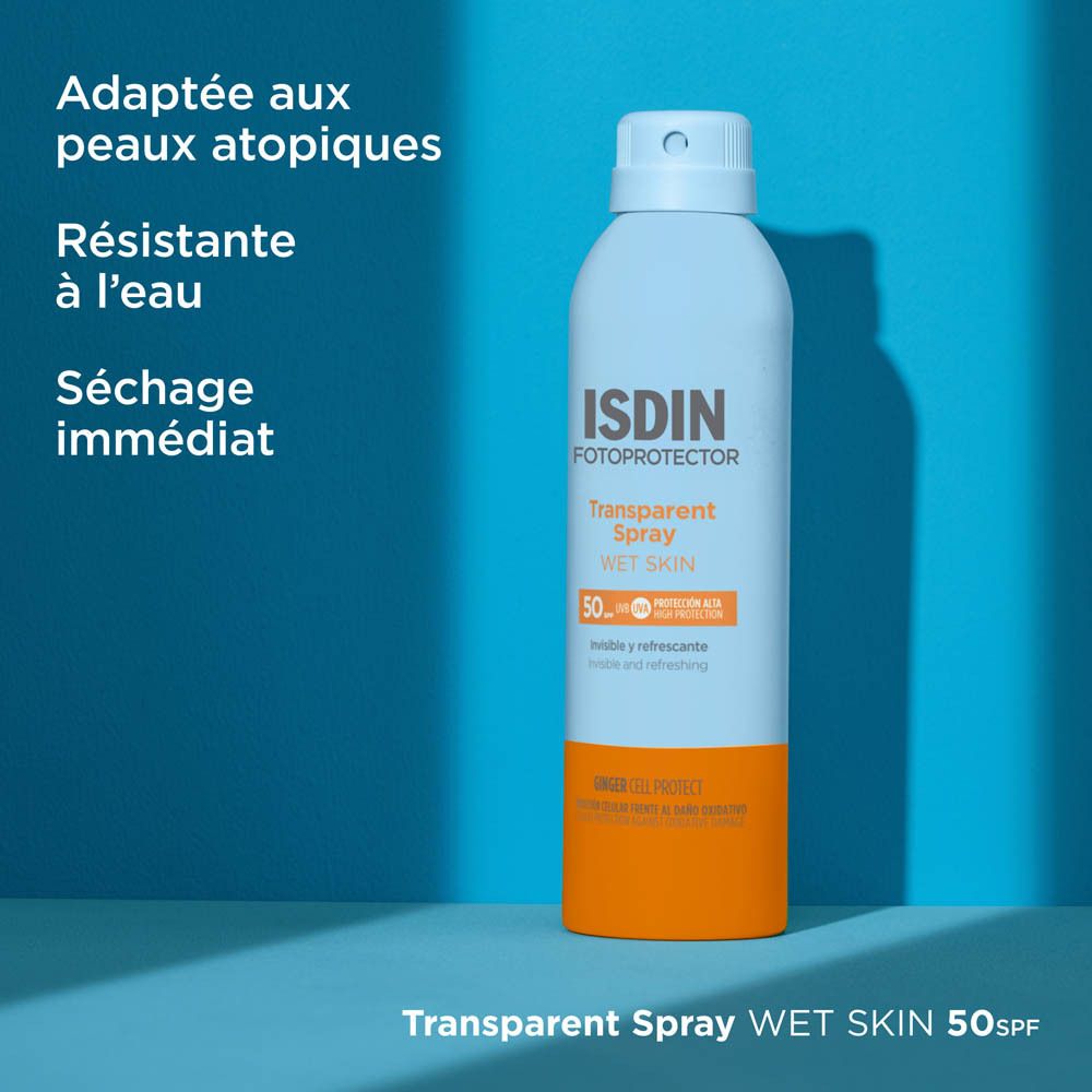 ISDIN Fotoprotector Spray. Texte : Adapté aux peaux atopiques, résistant à l'eau.