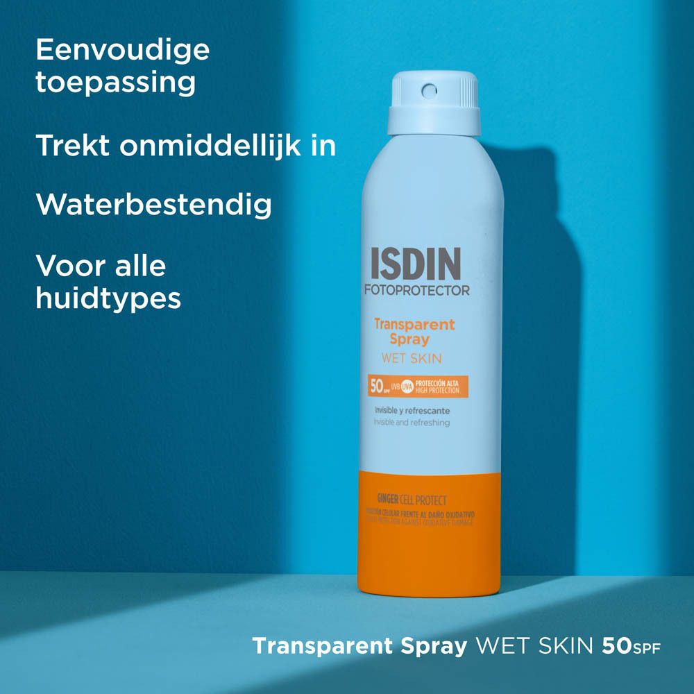ISDIN Fotoprotector Spray. Tekst: Eenvoudige toepassing, trekt onmiddellijk in, waterbestendig.
