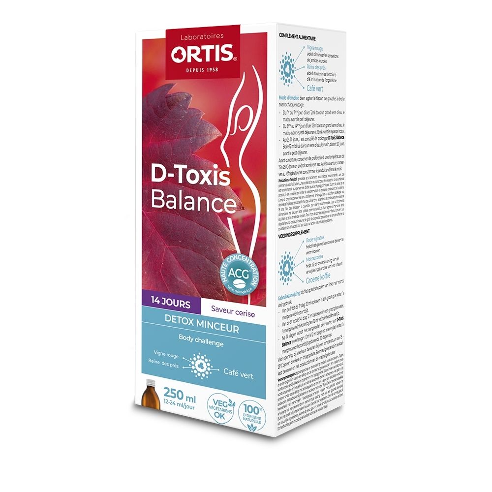 Emballage ORTIS D-Toxis Balance 250ml avec motif de feuille rouge et informations produit.