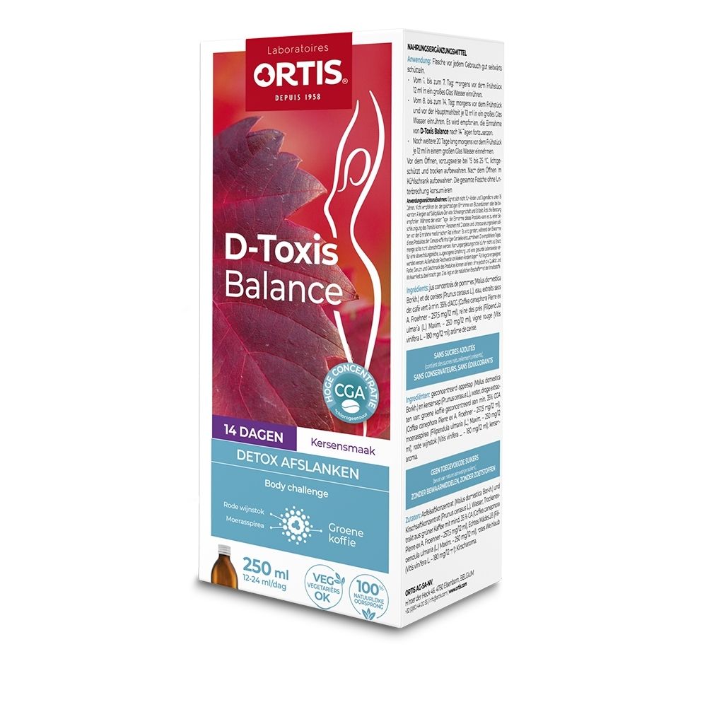 Verpakking ORTIS D-Toxis Balance 250ml met rood bladmotief en productinformatie.