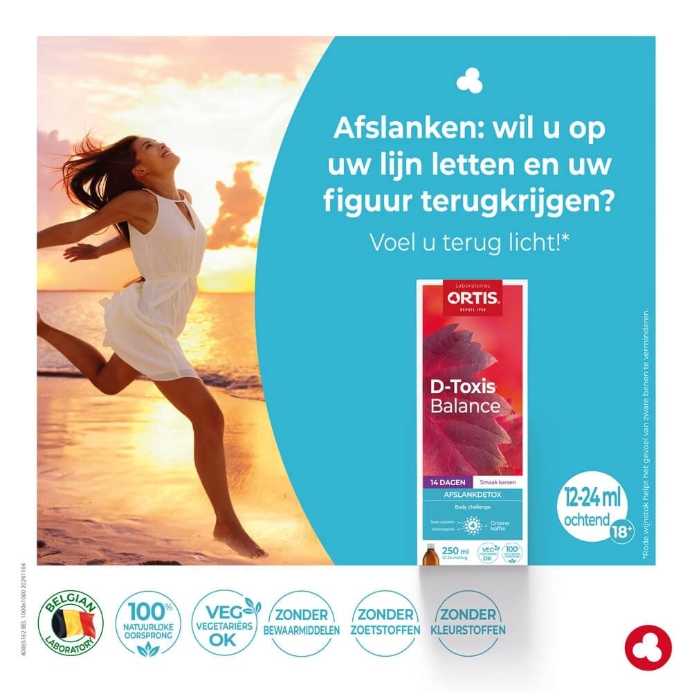Grafiek met planten en een glas drank voor ORTIS D-Toxis Balance.