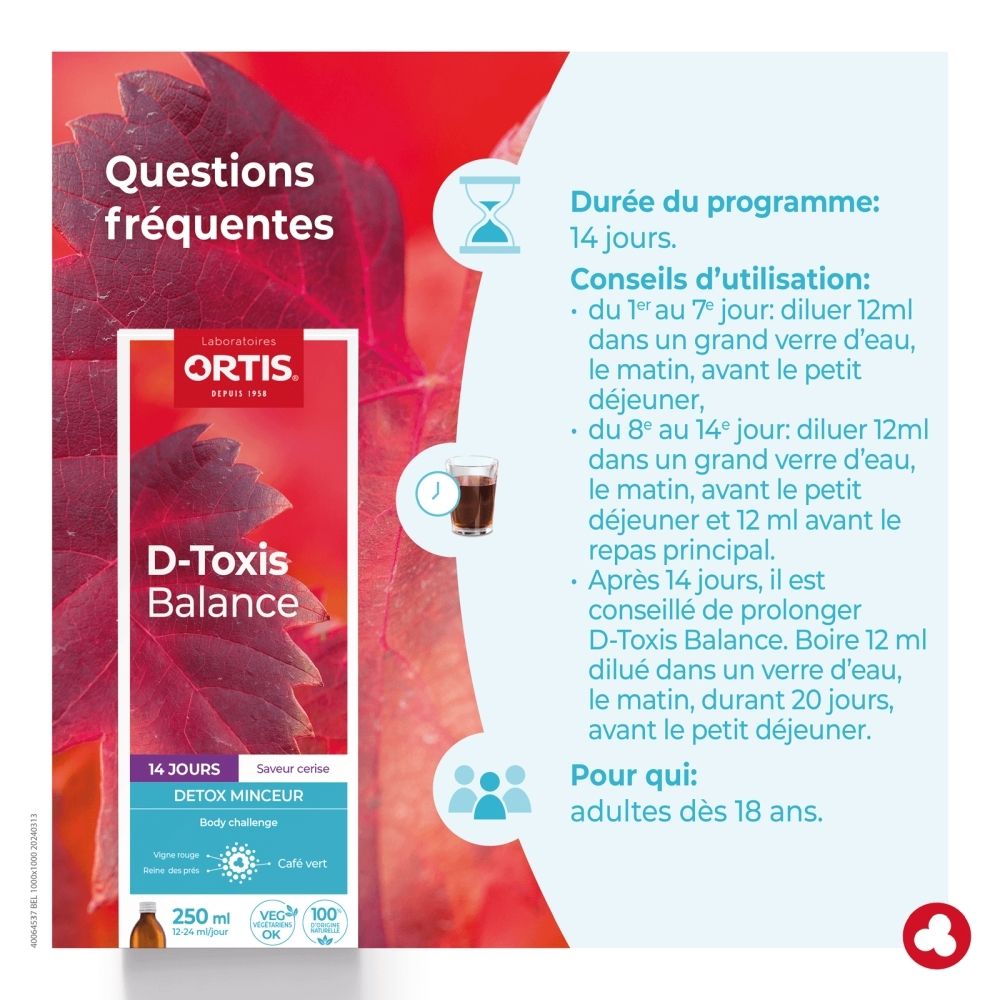 Emballage ORTIS D-Toxis Balance avec motif de feuille et sceaux.