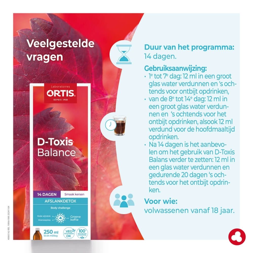 Verpakking ORTIS D-Toxis Balance met bladmotief en zegels.