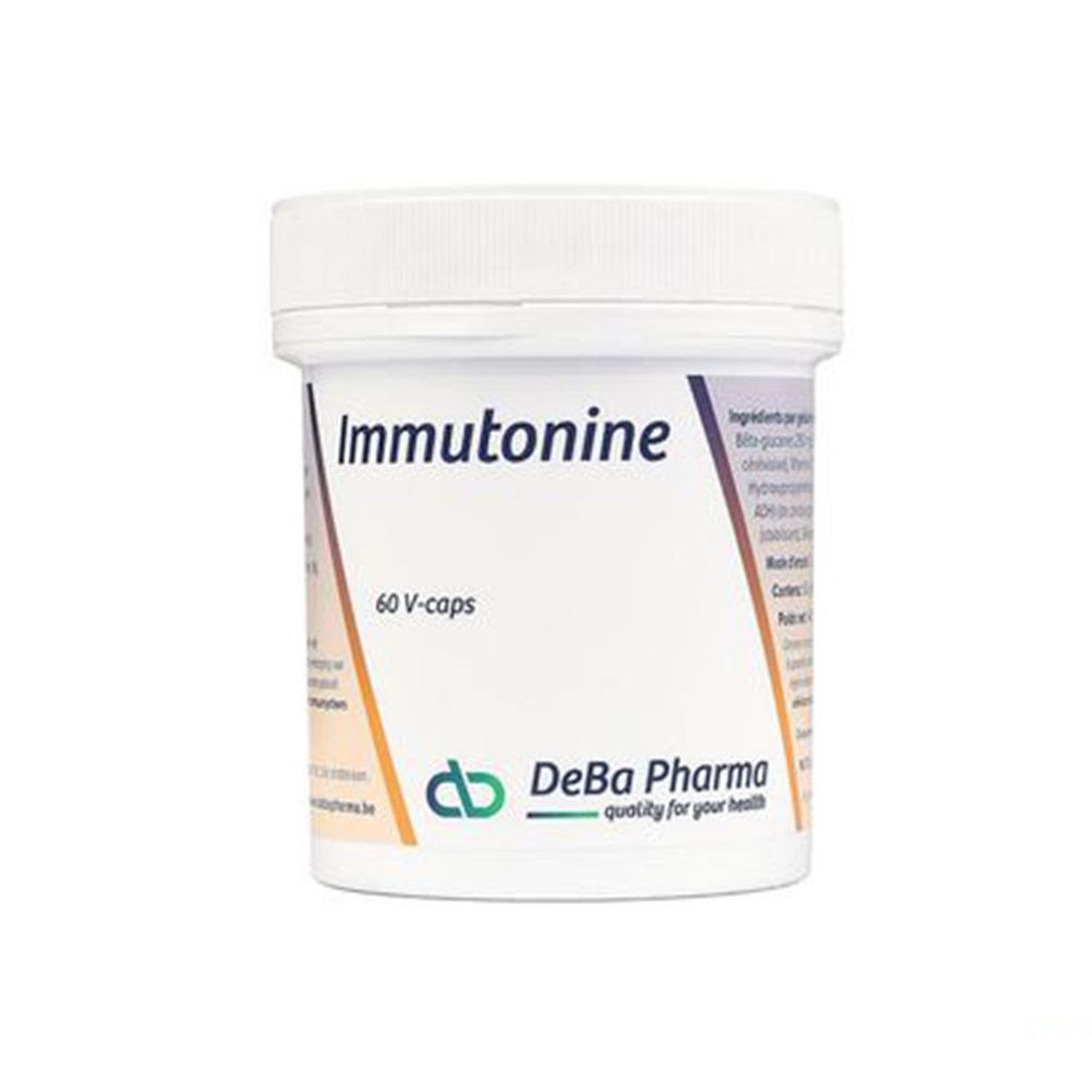Witte pot met deksel. Opschrift: Immutonine, 60 V-caps. DeBa Pharma logo.