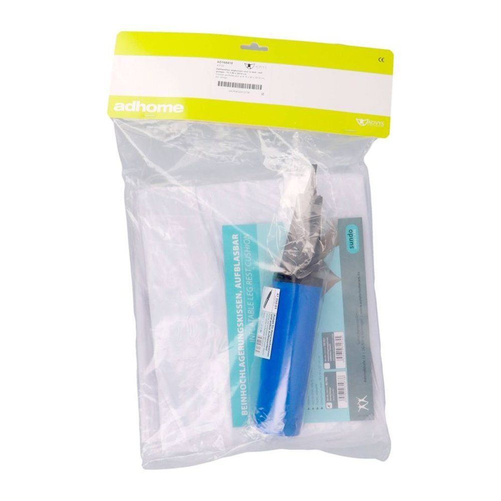 Productverpakking met kussen, pomp en instructies. Merk adhome. Kussen verpakt in plastic zak.