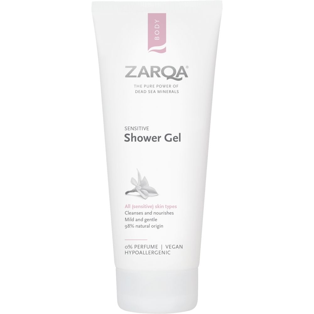 Twee Zarqa Douchegel Sensitive tubes, één met menthol.
