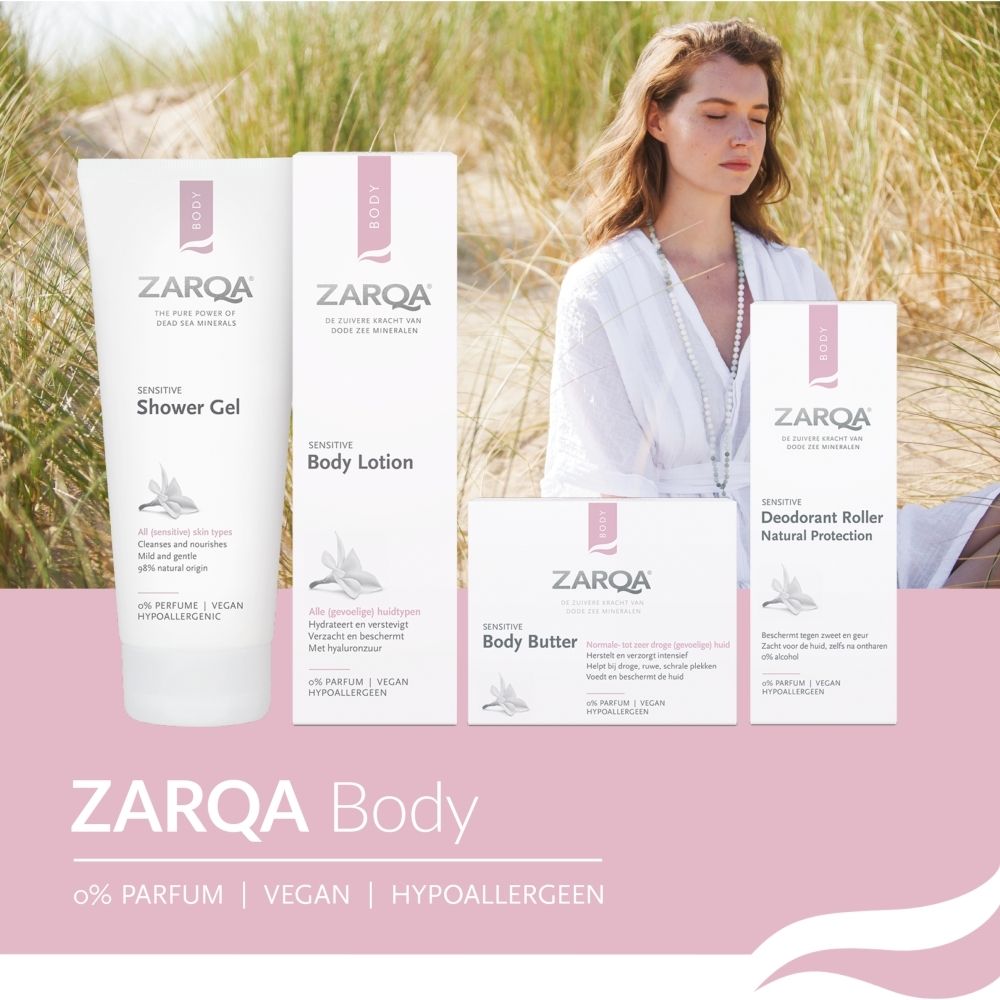 Zarqa Douchegel, Bodylotion, Bodybutter en Deodorant Roller.