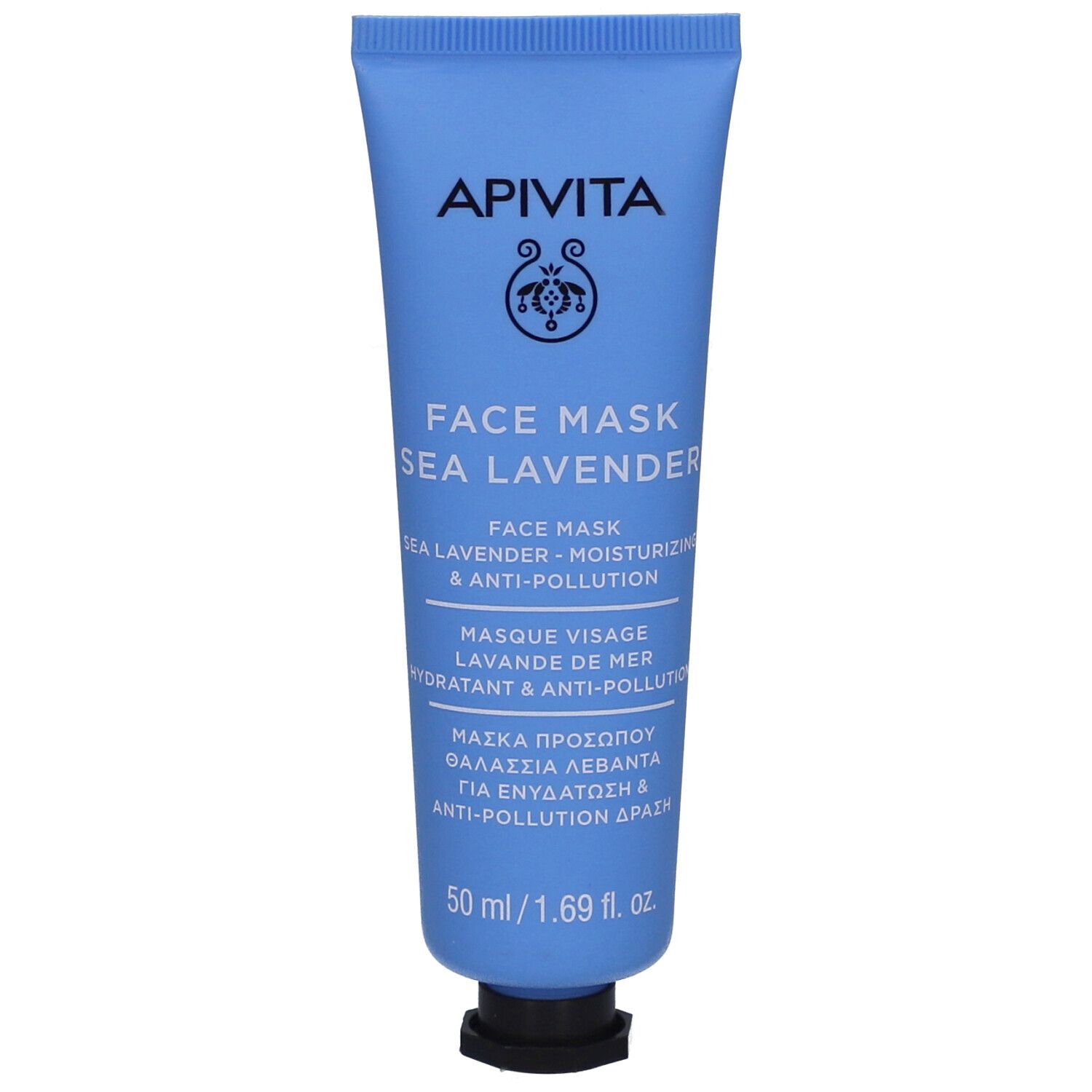 Tube bleu clair. Inscription: Apivita, Face Mask Sea Lavender. Nom du produit et logo. Texte noir sur fond bleu.