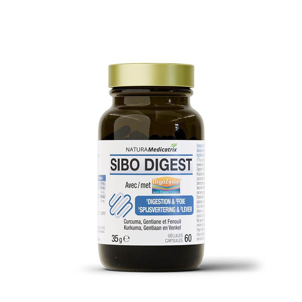 Bruine glazen fles met gouden dop. Opschrift SIBO DIGEST, Vegan-keurmerk. 60 capsules.