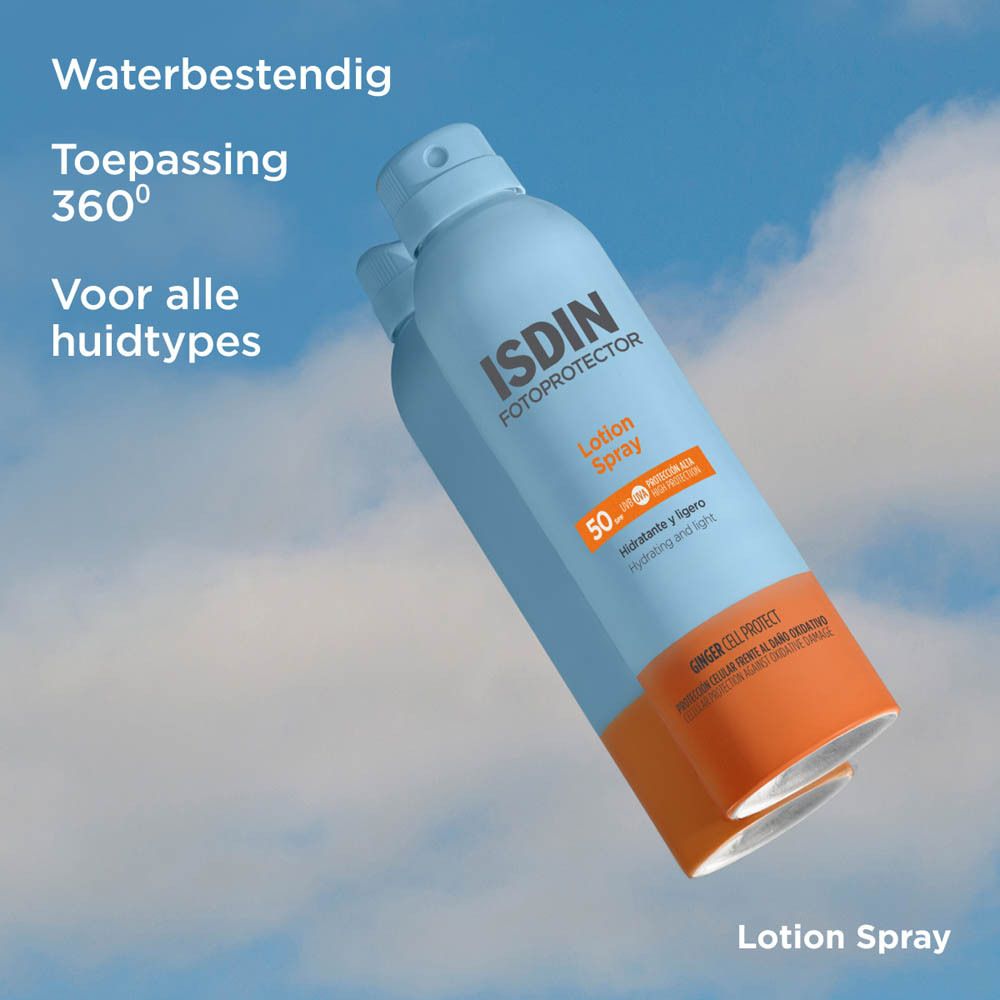 ISDIN Fotoprotector Lotion Spray SPF 50. Twee flessen voor blauwe lucht. Tekst.