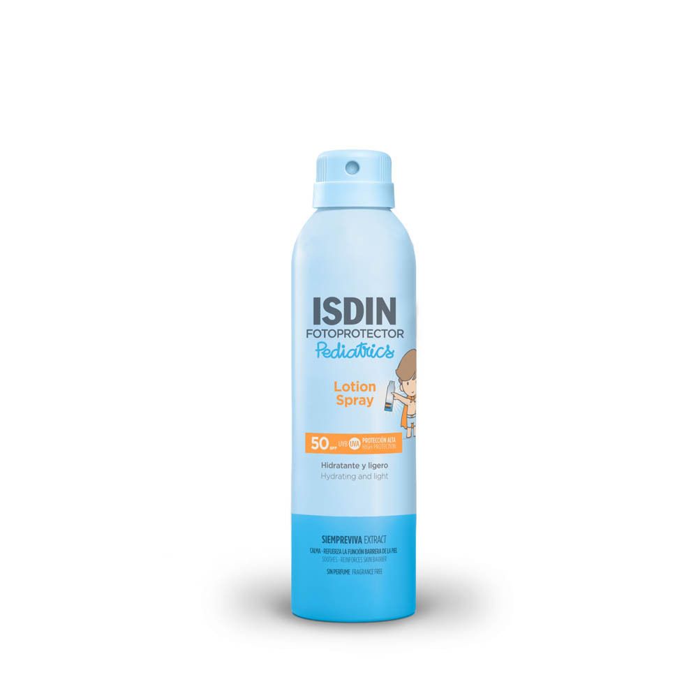 ISDIN Fotoprotector Pediatrics Lotion Spray. Blauwe fles met spraykop. SPF 50. Voor kinderen.