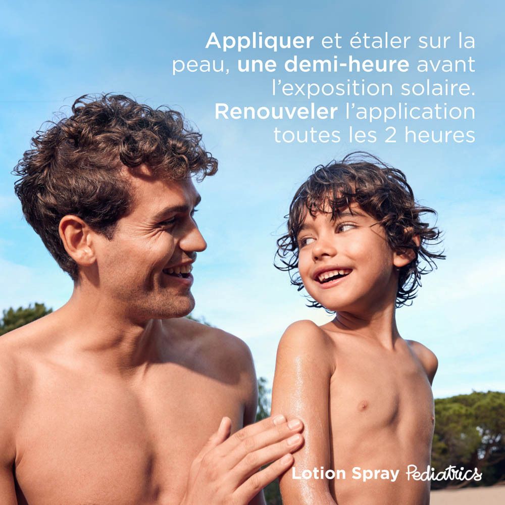 Homme et enfant avec ISDIN Fotoprotector Pediatrics. Texte: Appliquer et étaler sur la peau.