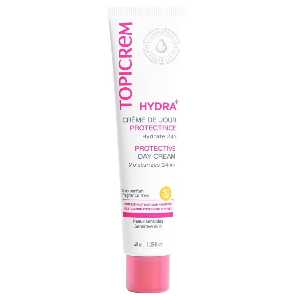 Witte tube met roze dop. Opschrift TOPICREM, HYDRA+, SPF 50. Tekst: Crème de jour protectrice, Protective Day Cream. 40 ml.