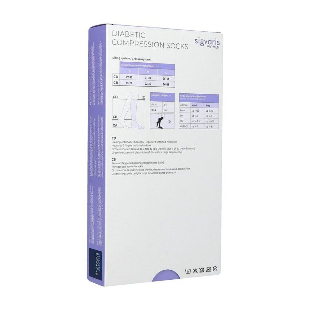 Verpakking van Sigvaris compressiekousen voor dames, wit, maat L. Bevat maattabellen en instructies.