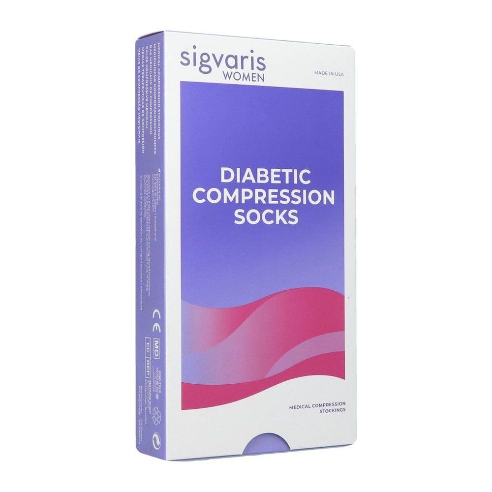 Voorkant van de verpakking Sigvaris Diabetic Compression Socks voor dames, wit. Gemaakt in de VS.