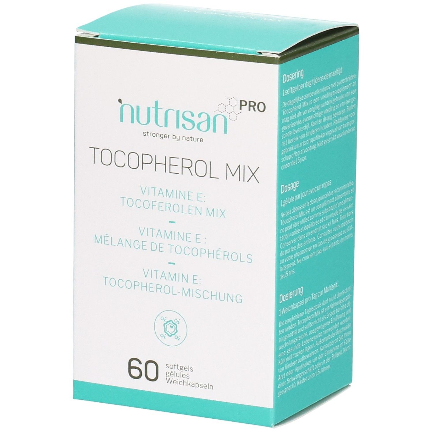 Doos Nutrisan Pro Tocopherol Mix, 60 capsules. Meertalige tekst.