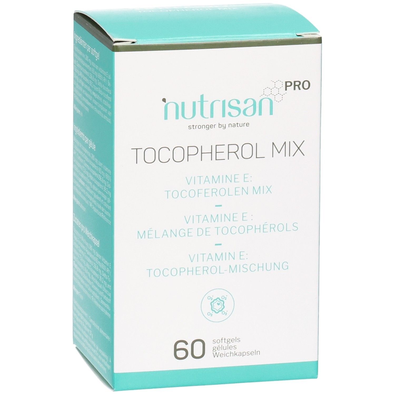 Verpakking Nutrisan Pro Tocopherol Mix, 60 capsules. Schuin zicht.