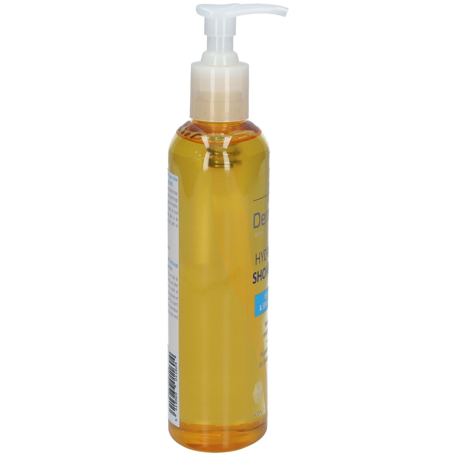 Dermalex Huile de Douche Hydratante. Flacon avec pompe, vue latérale. Liquide jaune. Inscription : Peau très sèche et sensible.