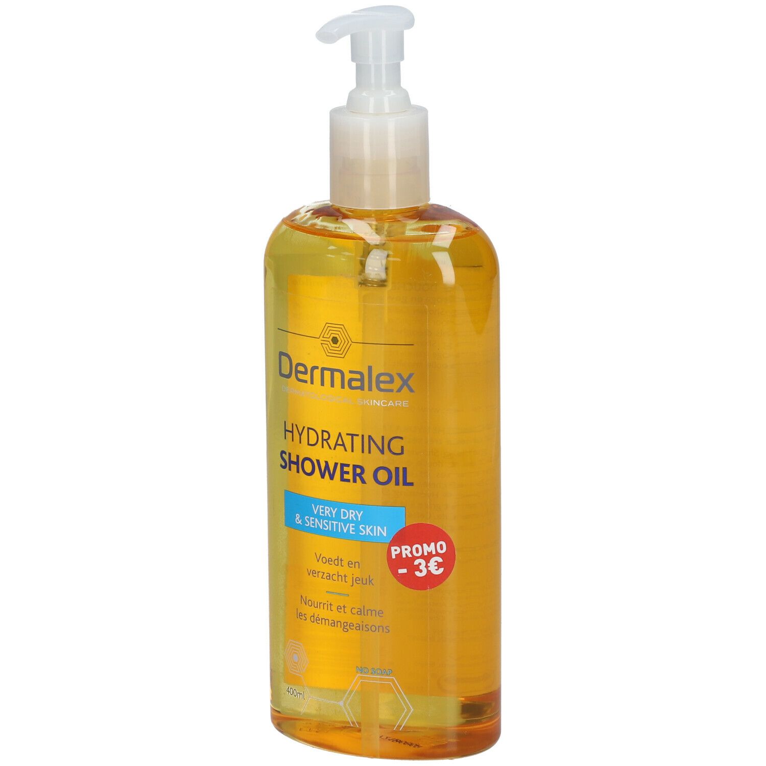 Dermalex Huile de Douche Hydratante. Liquide jaune en flacon avec pompe. Inscription : Peau très sèche et sensible. Promo -3€.