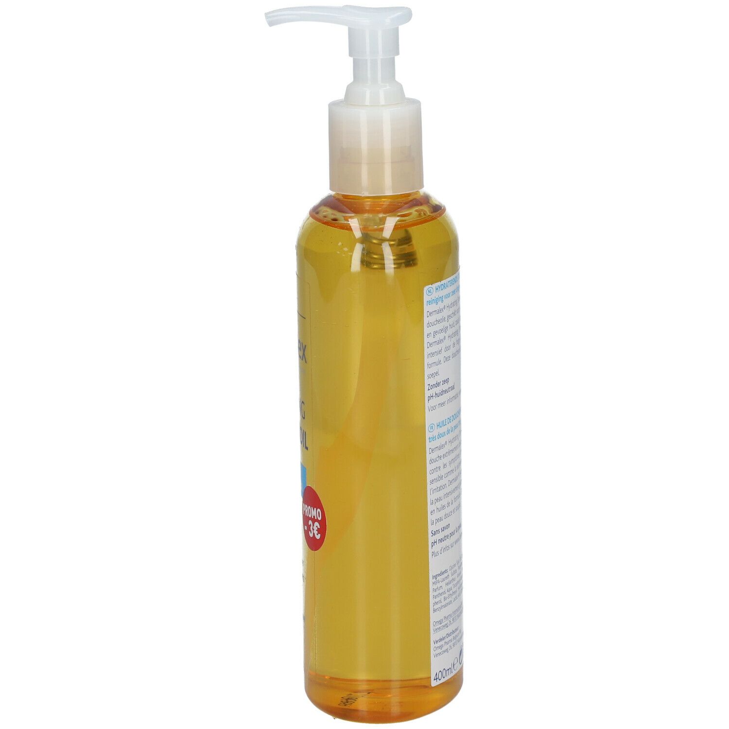 Dermalex Huile de Douche Hydratante. Flacon avec pompe, vue latérale. Liquide jaune. Inscription : Peau très sèche et sensible. Promo -3€.
