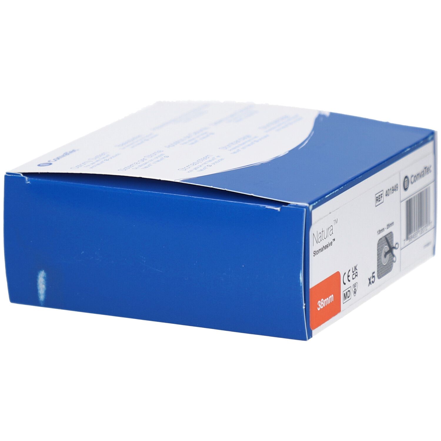 Blauwe verpakking met productinformatie. Natura Stomahesive Flex Uitknipbaar, 38 mm. Met CE-markering.