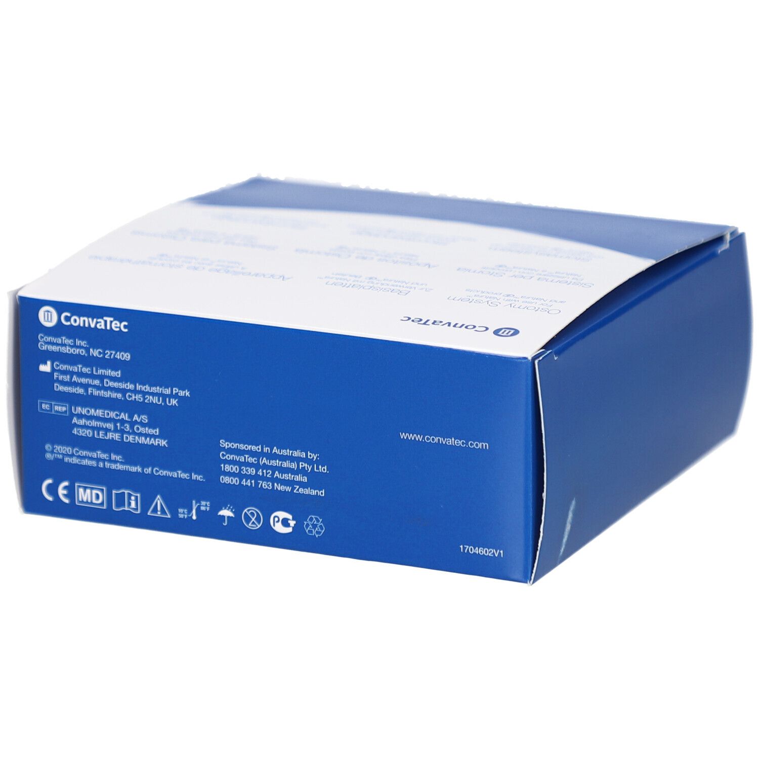 Achterkant van de blauwe verpakking. Informatie over Convatec, CE-markering en andere symbolen.