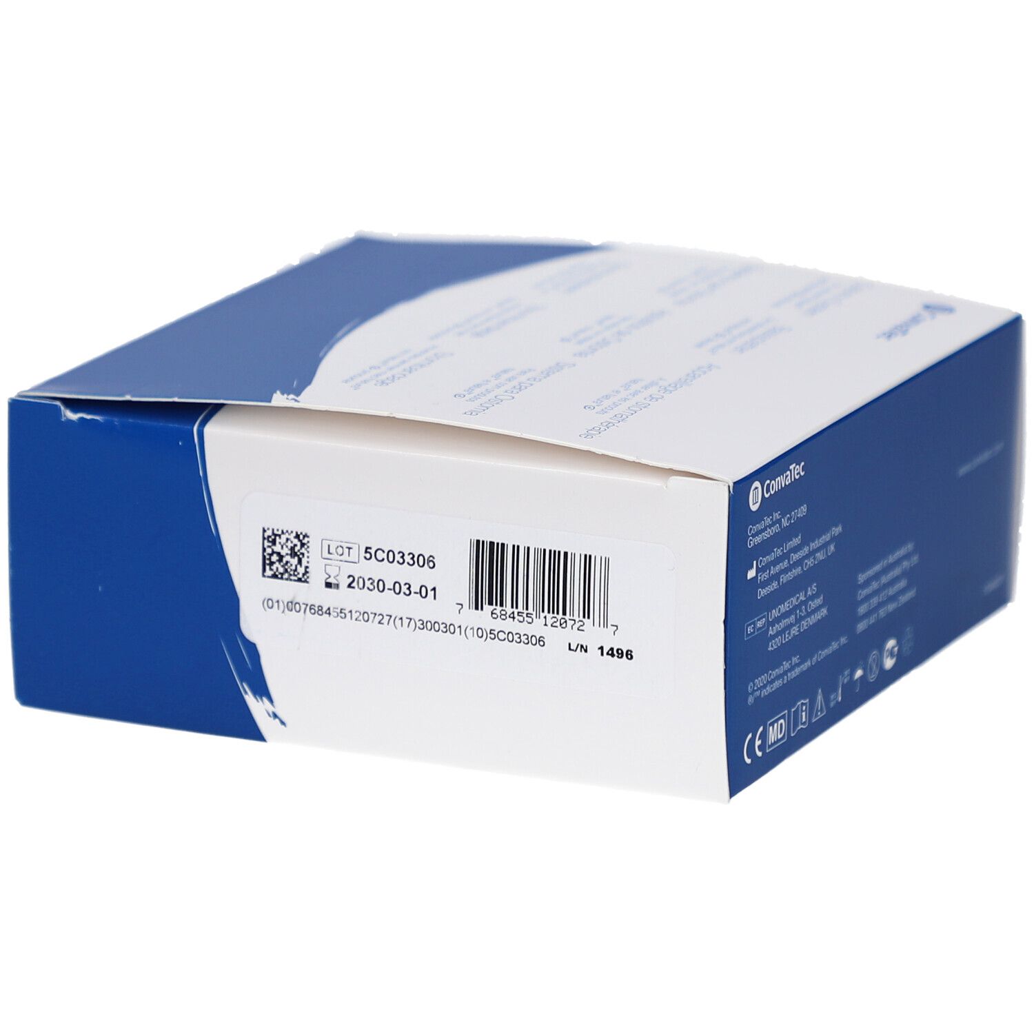 Verpakking met batchnummer en vervaldatum. Convatec-logo en CE-markering.