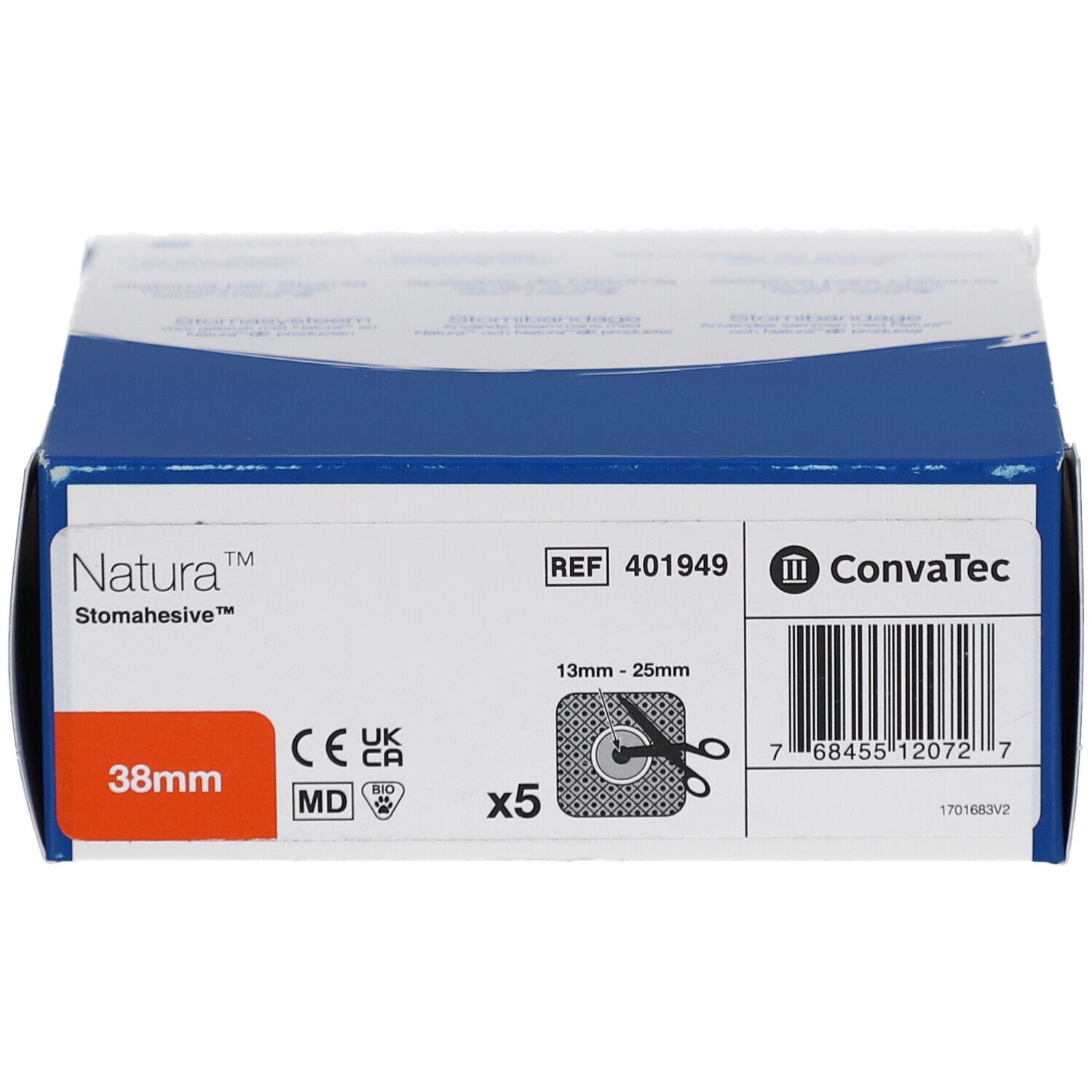 Verpakking met productinformatie. Natura Stomahesive Flex Uitknipbaar, 38 mm. Bevat 5 stuks. Met CE-markering.