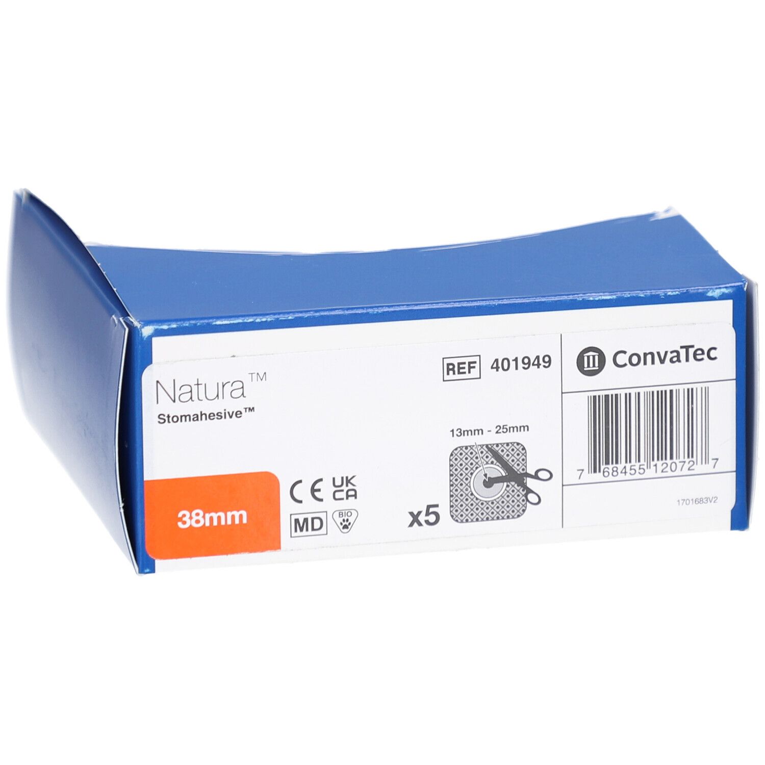 Verpakking met productinformatie. Natura Stomahesive Flex Uitknipbaar, 38 mm. Bevat 5 stuks. Met CE-markering.