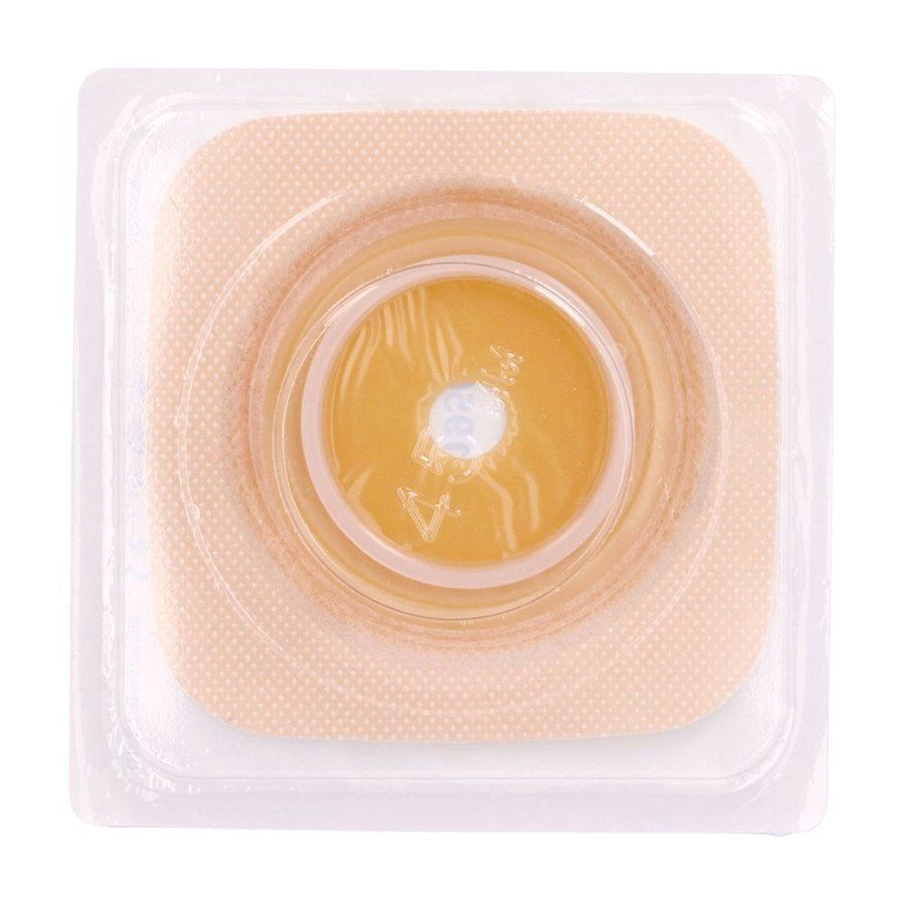 Flexibele stoma-hechtplaat van 45 mm, rond, beige en transparant.