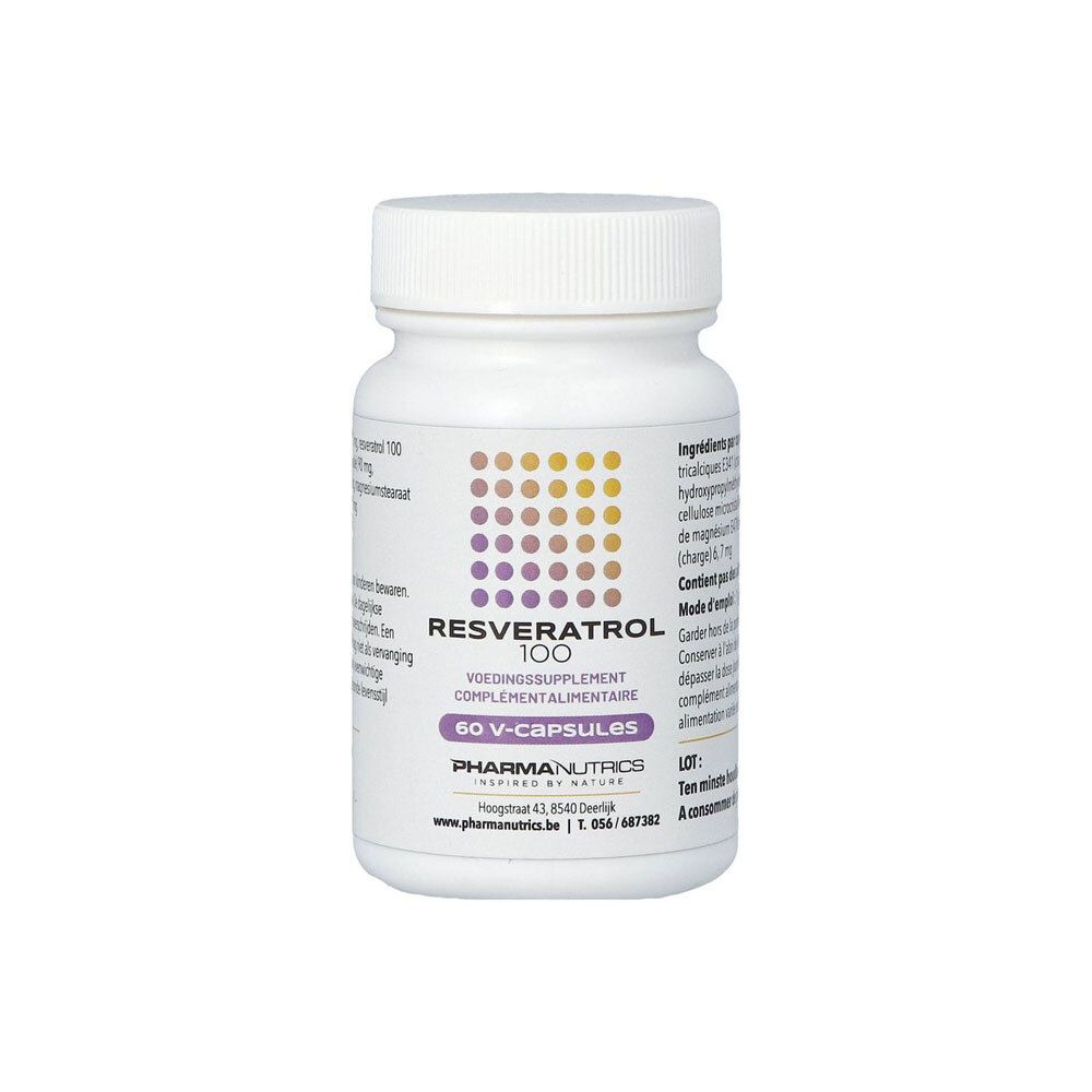 Witte fles met schroefdop. Opschrift: Resveratrol 100, 60 V-capsules. Merk: PharmaNutrics.