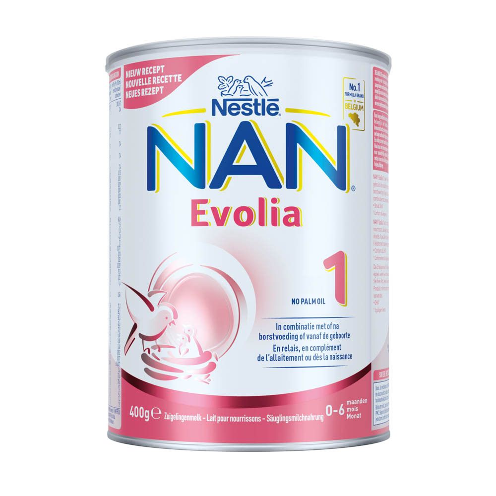 Blik Nestlé NAN Evolia 1. Opschrift: HM-O DHA, 0-6 maanden. Roze-wit design. 400g. Zonder palmolie.