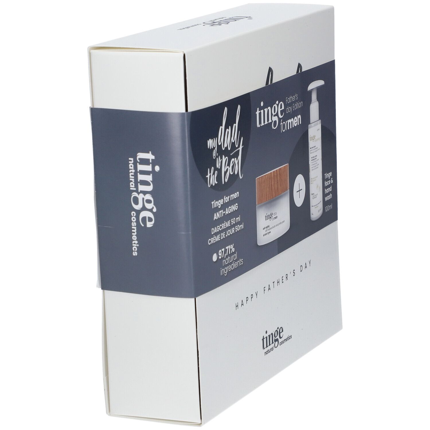Emballage de coffret cadeau en biais. Contient crème et nettoyant visage. Inscription 'Tinge for men'.