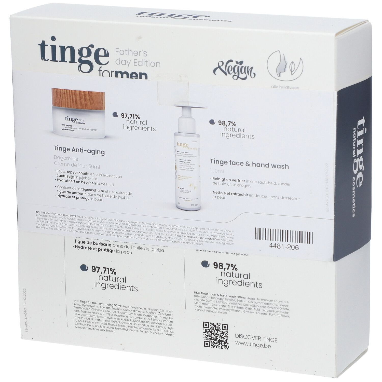 Dos de l'emballage du coffret cadeau. Contient crème et nettoyant visage. Ingrédients et label Vegan.