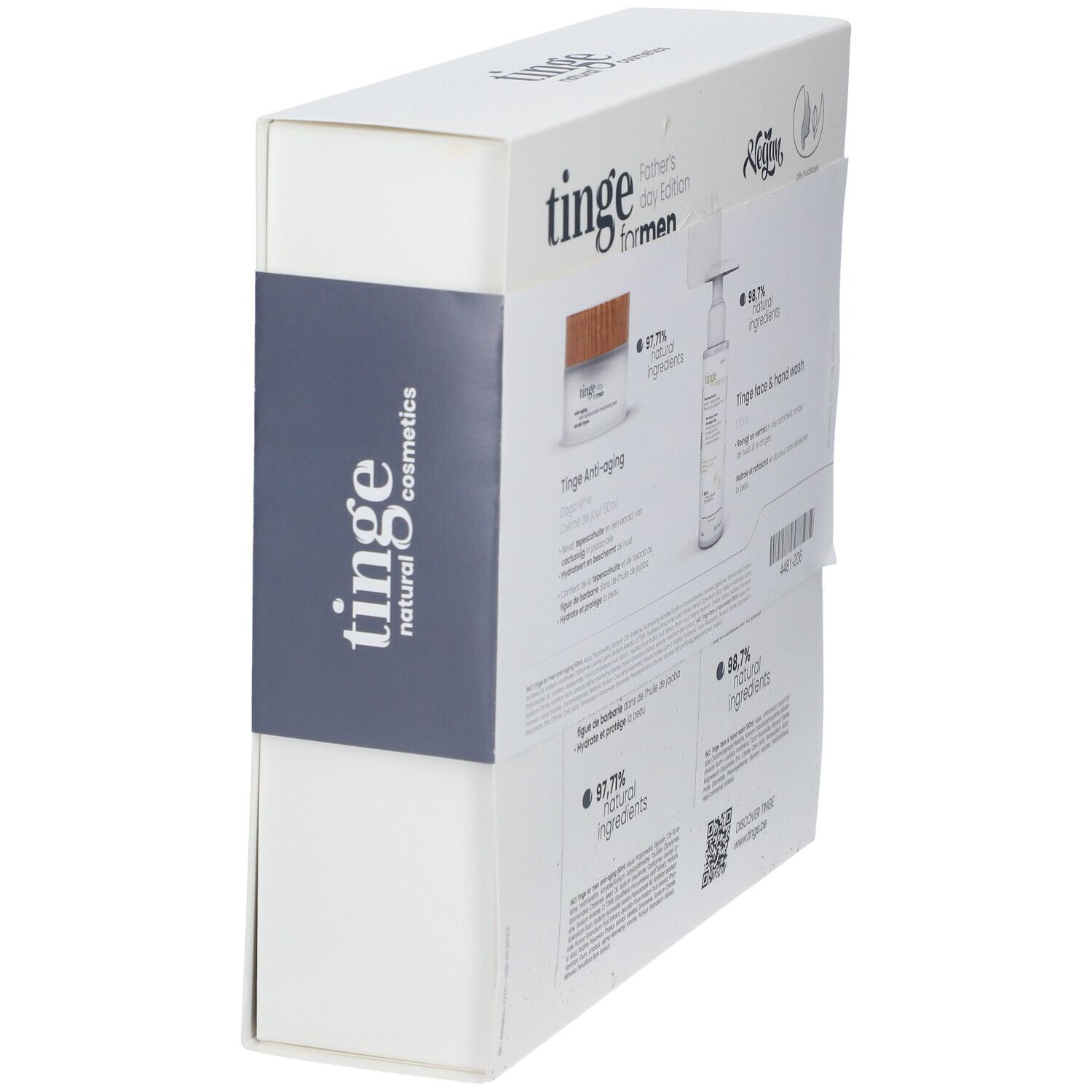 Emballage de coffret cadeau en biais. Contient crème et nettoyant visage. Inscription 'Tinge for men'.