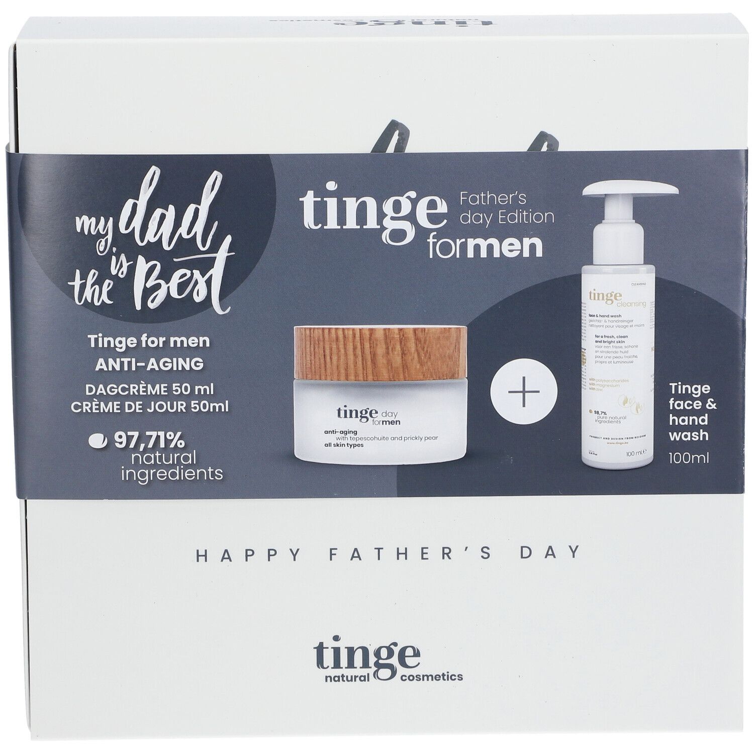 Coffret cadeau avec crème et nettoyant visage. Inscription 'Happy Father's Day' sur l'emballage.