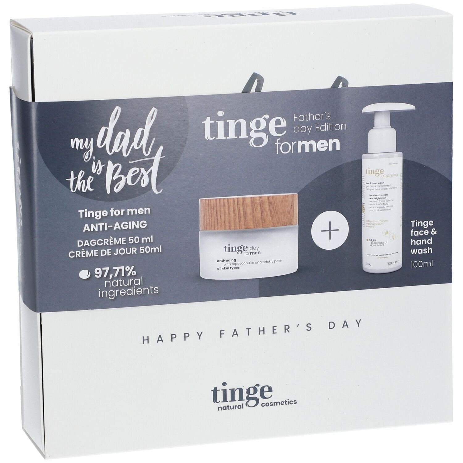 Coffret cadeau avec crème et nettoyant visage. Inscription 'Happy Father's Day' sur l'emballage.
