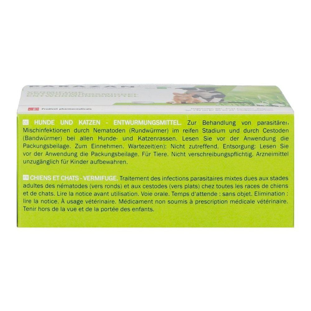 Dos de la boîte Parazan®. Texte en allemand et français. Contient des informations sur l'utilisation.